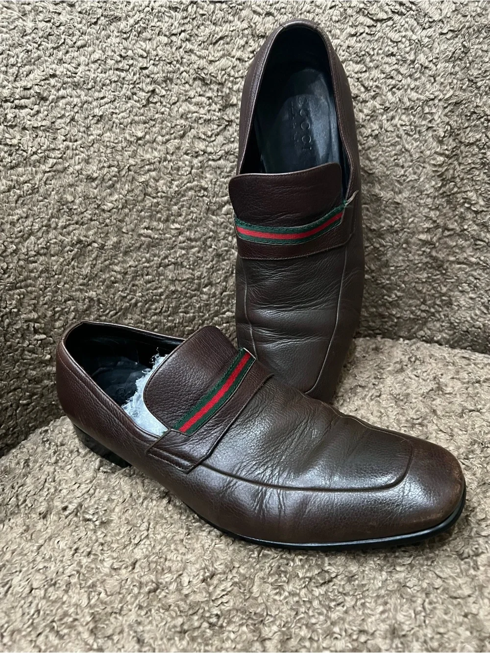 Men's Brown Leather Loafers with Red & Green Accent Gucci Sz 7.5 d